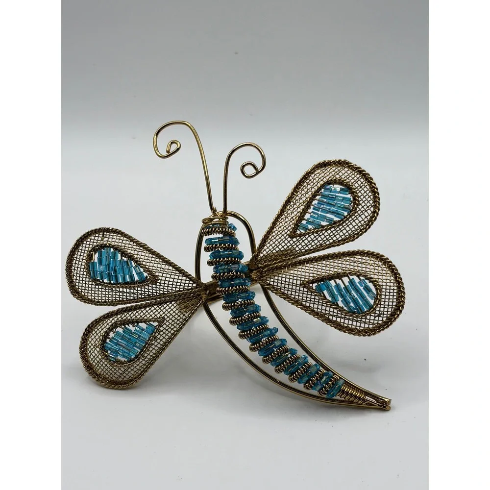 Set of 8 Gold Wire Dragonfly Napkin Rings Blue Beaded Mesh Wings Table Decor